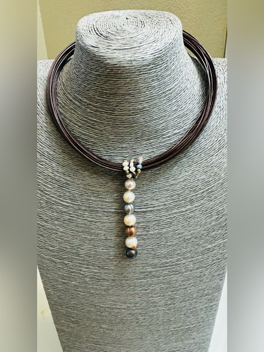Multi-Strand Brown Cord Necklace with Pearl Drop